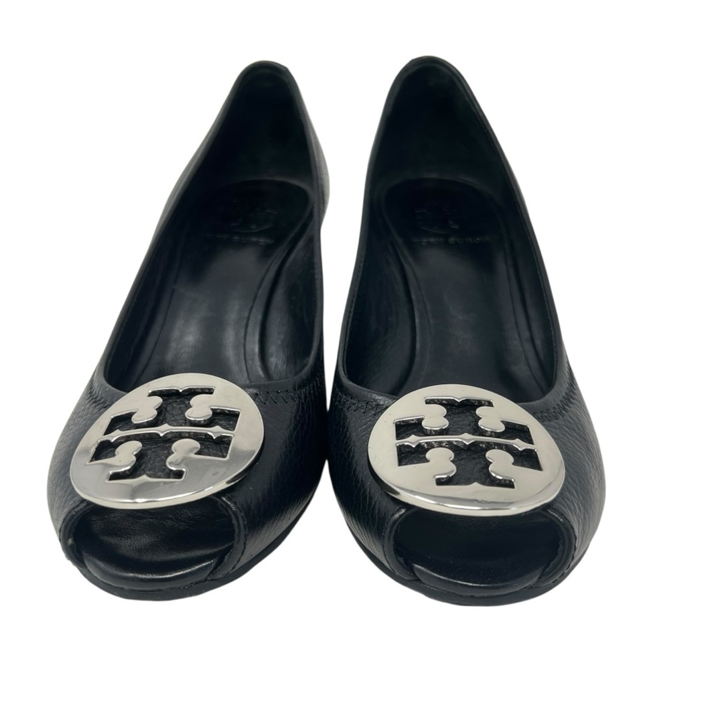 Tory Burch Black Leather Peep-Toe Wedge with Silver Logo - Picture 4 of 10
